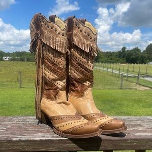 CORRAL Women's Stripes and Fringe Cowgirl Boot Snip Toe Antique Saddle